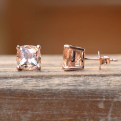 Square Cushion Peach Pink Morganite Pushback Earrings Rose Gold LS5322