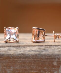 Square Cushion Peach Pink Morganite Pushback Earrings Rose Gold LS5322