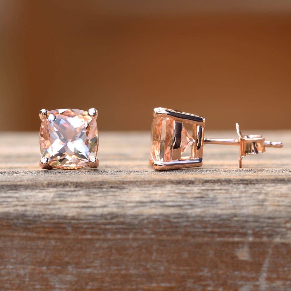 Square Cushion Peach Pink Morganite Pushback Earrings Rose Gold LS5322