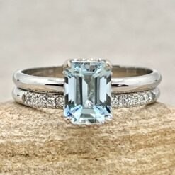 AAA Emerald Cut Aquamarine Diamond Ring Set White Gold Platinum LS7075