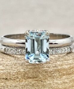 AAA Emerald Cut Aquamarine Diamond Ring Set White Gold Platinum LS7075