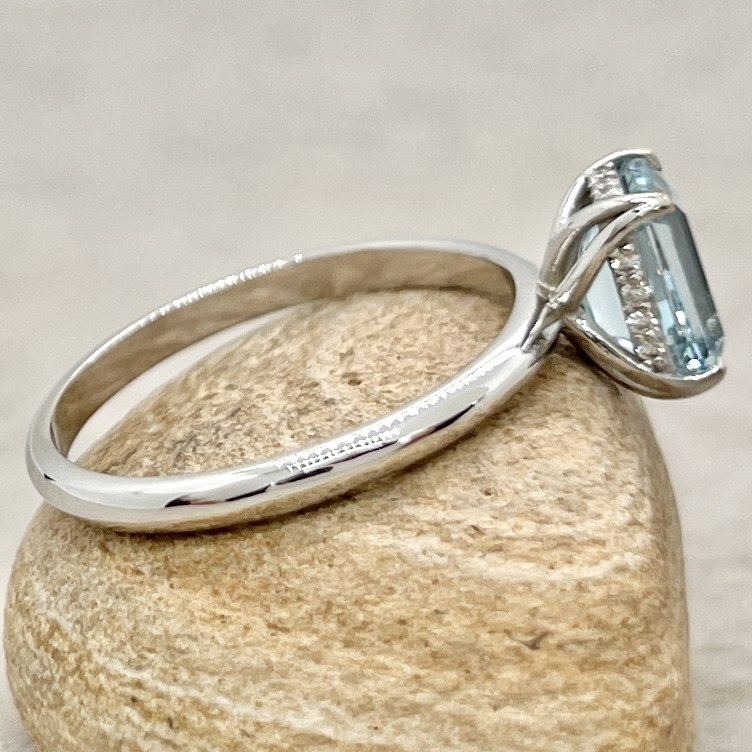 Flower Prong Aquamarine Diamond Halo Ring White Gold Platinum LS7080