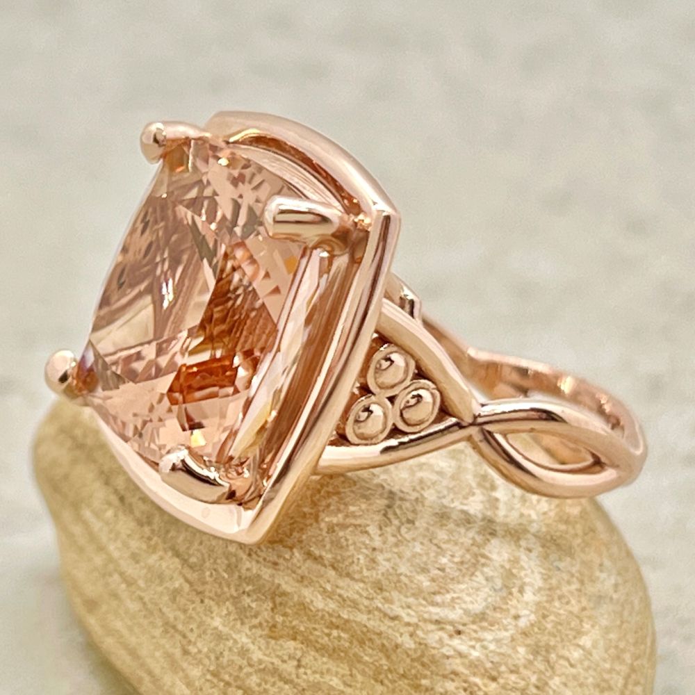 Solitaire Cushion Peach Pink Morganite Statement Ring Rose Gold LS7157
