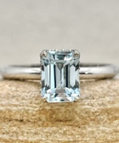 Solitaire Emerald Cut Blue Aquamarine Ring White Gold Platinum LS7080