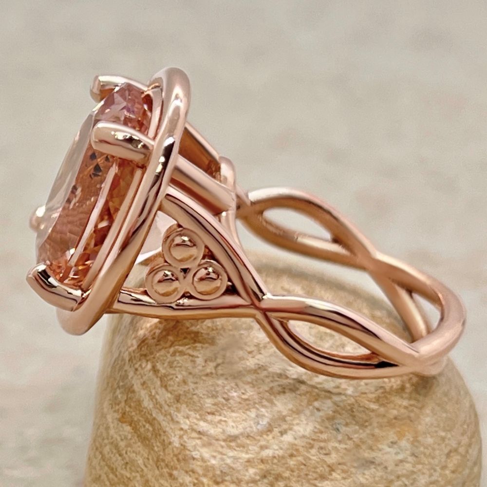 Solitaire Oval Cut Peach Morganite Ring Twisted Shank Rose Gold LS7155